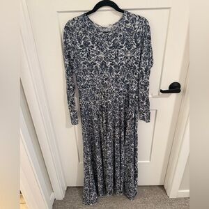 Anthropologie Peruvian Connection Blue White Floral Maxi Dress Long Sleeve S